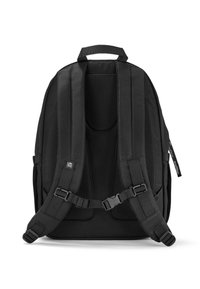 Zaino nero con schienale imbottito in rete e spallacci regolabili. Caratterizzato da un manico superiore e dettagli con fibbie, realizzato in tessuto resistente.