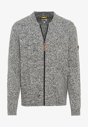 Gray knit zip-up jacket with a textured pattern, dark zipper, and leather accent. Features a stand-up collar and ribbed cuffs.
