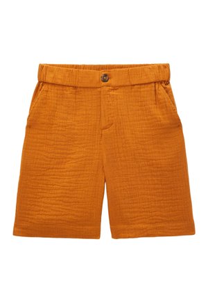 Shorts légers orange avec fermeture à bouton, taille élastique, poches latérales et motif en tissu texturé.