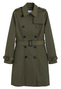 Olivgrüner Trenchcoat aus strapazierfähigem Material, mit doppelreihigen Knöpfen, tailliertem Gürtel und Schulterklappen.