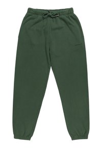 Groene sweatpants gemaakt van zachte katoen, met een elastische tailleband met trekkoord, en taps toelopende benen met ribbelboorden. Logo afgedrukt op de zijkant.