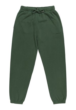 Green sweatpants made of soft cotton, featuring an elastic waistband with drawstring, and tapered legs with ribbed cuffs. Logo printed on the side.