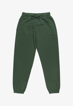 Green sweatpants made of soft cotton, featuring an elastic waistband with drawstring, and tapered legs with ribbed cuffs. Logo printed on the side.