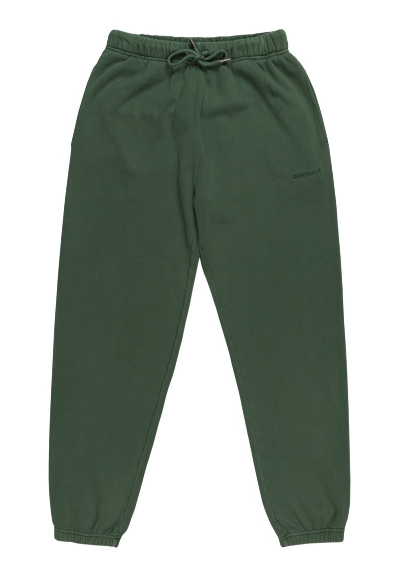 Groene sweatpants gemaakt van zachte katoen, met een elastische tailleband met trekkoord, en taps toelopende benen met ribbelboorden. Logo afgedrukt op de zijkant.