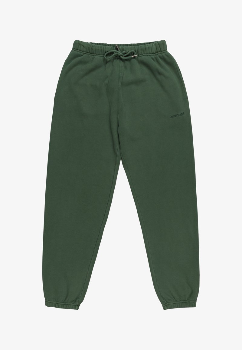 Pantalones de chándal verdes de algodón suave, con una cinturilla elástica y cordón, y piernas ajustadas con puños de canalé. Logo impreso en el lateral.