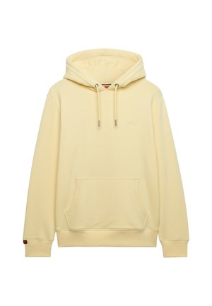 Sudadera con capucha amarilla en material suave con capucha ajustable, bolsillo frontal y puños acanalados. Detalle de logo sutil en el pecho.