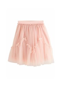 Gonna in tulle rosa con vita arricciata, caratterizzata da piccoli fiocchi decorativi lungo l'orlo. Materiale leggero e trasparente con un design a strati.