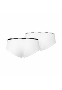 Zwei Paar weiße Boxershorts mit schwarzen und weißen elastischen Bündchen, die das "Puma"-Logo tragen. Glatte Stoffoberfläche; ohne Muster.