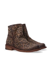 Kožené kotníkové boty s leopardím vzorem, hladkým koženým povrchem, kulatou špičkou a nízkým stohovaným podpatkem. Obsahují kontrastní tmavší akcenty na podrážce.