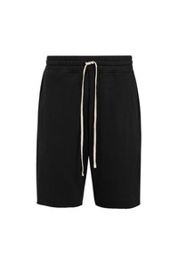 Black shorts made of soft fabric, featuring a drawstring waist in beige, side pockets, and a relaxed fit with a straight hem.