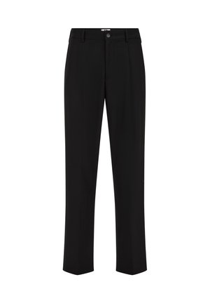 Pantaloni neri su misura, design a gamba dritta, realizzati in tessuto liscio, con chiusura frontale a bottone e due tasche laterali. Nessun motivo visibile.