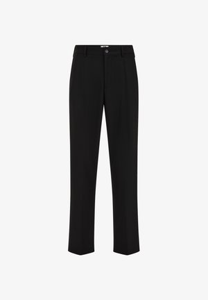 Pantaloni negri personalizați, design drept, fabricați dintr-un material neted, dotati cu închidere cu buton frontal și două buzunare laterale. Fără modele vizibile.