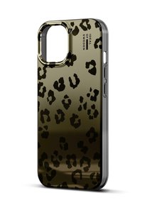 Black and gold leopard-print phone case with a glossy finish, featuring cutouts for camera and buttons, and a smooth texture.