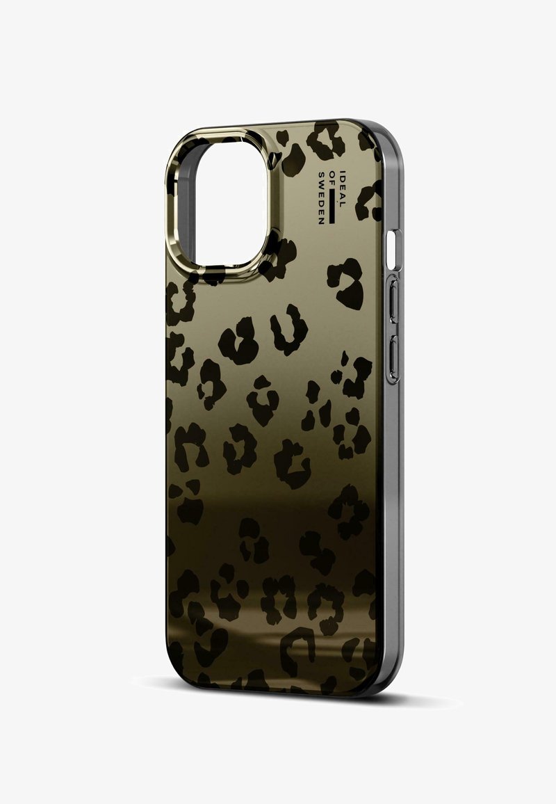 Custodia per telefono con stampa leopardata nera e oro, con finitura lucida, dotata di ritagli per la fotocamera e i tasti, e una texture liscia.