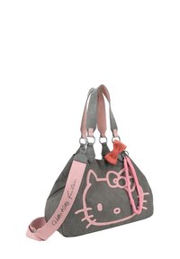 Borsa in tessuto grigia con un grande design di Hello Kitty rosa caratterizzato da un'accademia con fiocco, doppie cinghie e una cinghia rosa staccabile per maggiore versatilità.