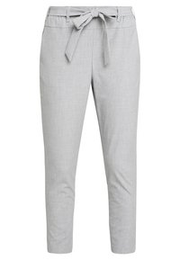 Pantalons gris clair en tissu tissé, avec une ceinture à nouer à l'avant, une coupe fuselée et des détails de poches. Texture lisse avec un design décontracté.