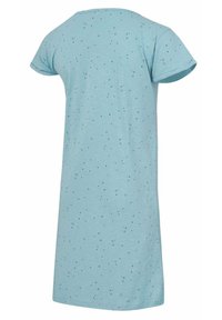 Hellblaues Kurzarmkleid mit lässigem Schnitt, weichem Material und verstreuten schwarzen Kreisdesigns.