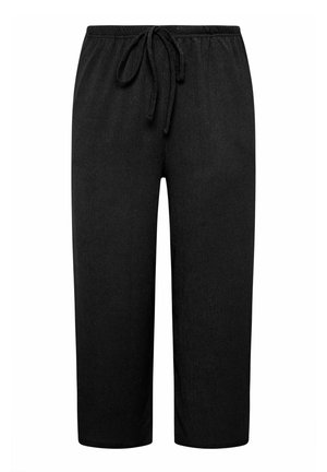 Black, relaxed-fit trousers made of a textured fabric. Features an elastic waistband with a drawstring and straight-leg design.