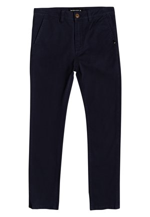 Granatowe bawełniane chinosy o prostym kroju nogawki, z przednimi kieszeniami, zapięciem na guzik oraz subtelnym logo w pobliżu kieszeni.