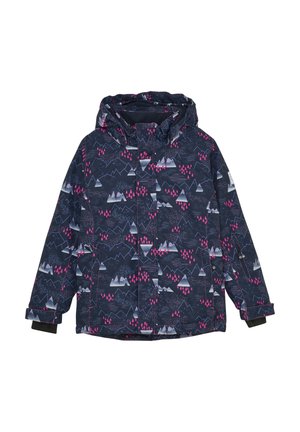 Giubbotto invernale blu navy con motivi di montagne e alberi in rosa e bianco. Presenta un cappuccio, polsini elasticizzati e chiusura frontale con zip.