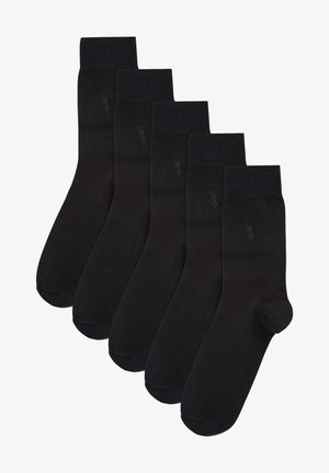 Schwarze Baumwollsocken im Fünferpack; mit geripptem Bündchen und dezent eingeprägtem Logo an der Seite. Glatte Textur und klassisches Design.