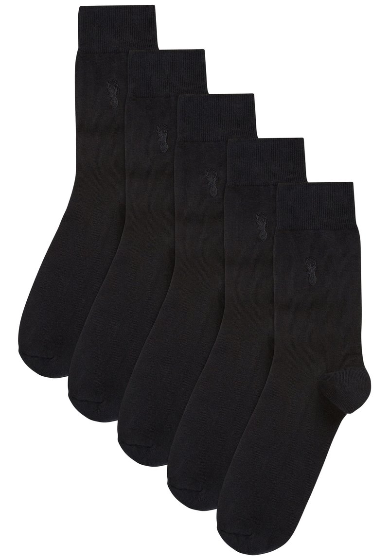 Schwarze Baumwollsocken im Fünferpack; mit geripptem Bündchen und dezent eingeprägtem Logo an der Seite. Glatte Textur und klassisches Design.