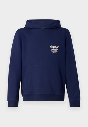 Navy blue hoodie with a front kangaroo pocket, ribbed cuffs, and a logo on the chest. Made from soft fabric with a smooth texture.