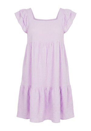 Světle fialové texturované šaty s krátkými volánovými rukávy, čtvercovým výstřihem a vrstvenou sukní.