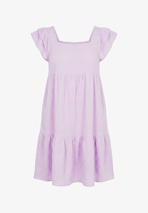Vaalean violetti, rakenteinen kangasmekko, jossa lyhyet röyhelöhihat, neliökaula-aukko ja kerroksittain laskeutuva helma.