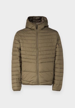 Puffer jacket in olive green, featuring a zip front, hood, and stitched horizontal lines for texture. Lightweight with a smooth finish.