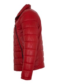 Rote Lederjacke mit gestepptem Muster, seitlichem Reißverschluss und Stehkragen, die einen modernen Schnitt und eine taillierte Passform zeigt.