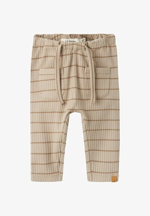 Pantalons en ribbed beige pour tout-petits avec des rayures verticales brun clair, une taille élastique, un cordon de serrage et deux poches avant. Étiquette visible.