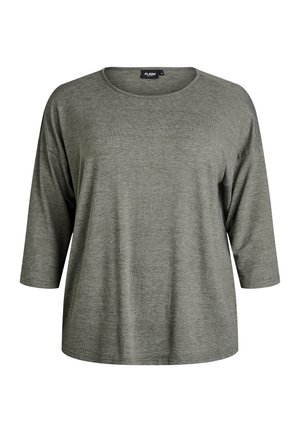 Gray, loose-fitting long-sleeve top made of soft fabric with a round neckline and 3/4 sleeves. Simple design with no patterns or accents.