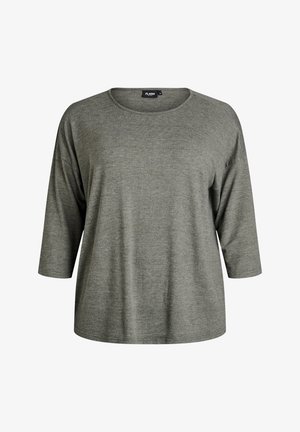 Gray, loose-fitting long-sleeve top made of soft fabric with a round neckline and 3/4 sleeves. Simple design with no patterns or accents.