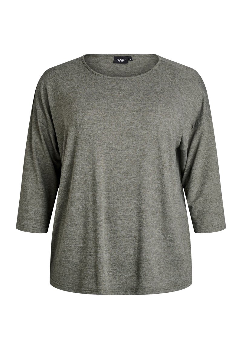 Grå, rymlig långärmad topp i mjukt tyg med rundad halsringning och 3/4 ärmar. Enkel design utan mönster eller detaljer.