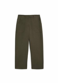 Olijfgroene wijde broek met hoge taille, twee voorzakken en een zachte stoftextuur. Enkellang, met een nette zoomafwerking.
