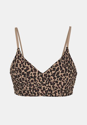 Leopardenmuster-Bralette mit dünnen, verstellbaren beigen Schulterträgern und V-förmigem Ausschnitt auf hellem Hintergrund.