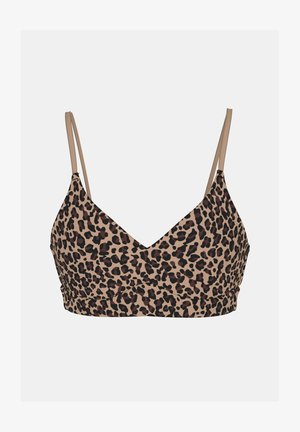 Leopardenmuster-Bralette mit dünnen, verstellbaren beigen Schulterträgern und V-förmigem Ausschnitt auf hellem Hintergrund.