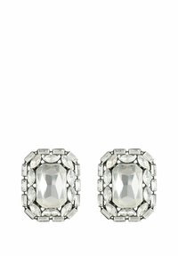 Paar klare rechteckige Kristallstecker-Ohrringe, umgeben von kleineren ovalen und rechteckigen Kristallen in silberner Fassung.