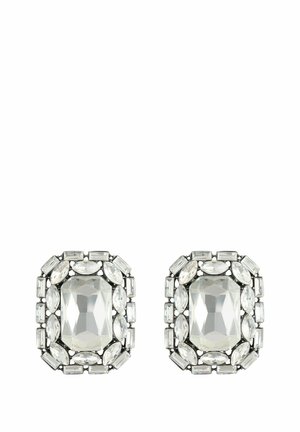 Paar klare rechteckige Kristallstecker-Ohrringe, umgeben von kleineren ovalen und rechteckigen Kristallen in silberner Fassung.