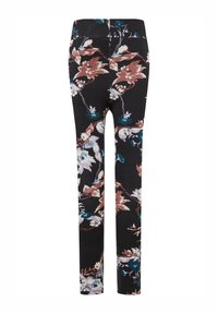 Fekete leggings fehér, kék és rózsaszín virágmintával. Szoros vonalvezetésű és sima textúrával tervezve. Rugalmas derékpánt.