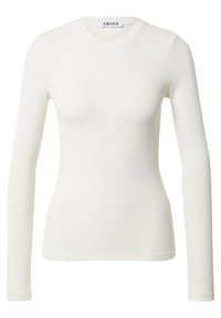 Wit geribbelde longsleeve top met een ronde halslijn, getailleerd design en zachte textuur. Heeft het merkimago "EDITED" op de halslijn.