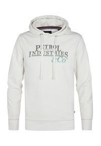 Weißer Hoodie aus weichem Material, mit einer Fronttasche, verstellbaren Kordeln und einem bedruckten Logo in Schwarz und Türkis.