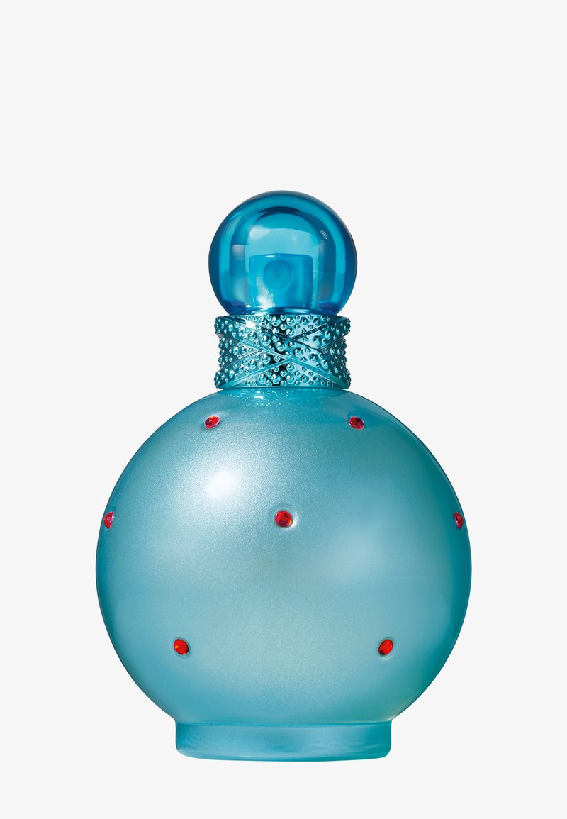 Flacon de parfum rond givré bleu avec un col texturé, un bouchon sphérique et de petites décorations rouges ressemblant à des bijoux sur le corps.