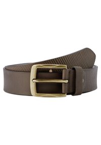 Brauner Ledergürtel mit strukturiertem Design, breitem Riemen und rechteckiger Messingschnalle mit glatter Oberfläche.