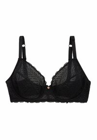 Soutien-gorge en dentelle noire avec un design semi-transparent, des bords décoratifs à volants, des bretelles réglables et un accent central en ton doré.