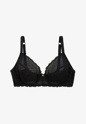 Soutien-gorge en dentelle noire avec un design semi-transparent, des bords décoratifs à volants, des bretelles réglables et un accent central en ton doré.