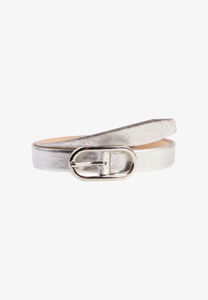 Silver metallic leather belt with an oval silver buckle, slightly curved end, and smooth texture, coiled against a white background.