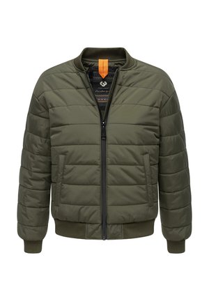Olive green quilted jacket with ribbed cuffs and hem, featuring a black zip front and an orange accent label at the neckline.