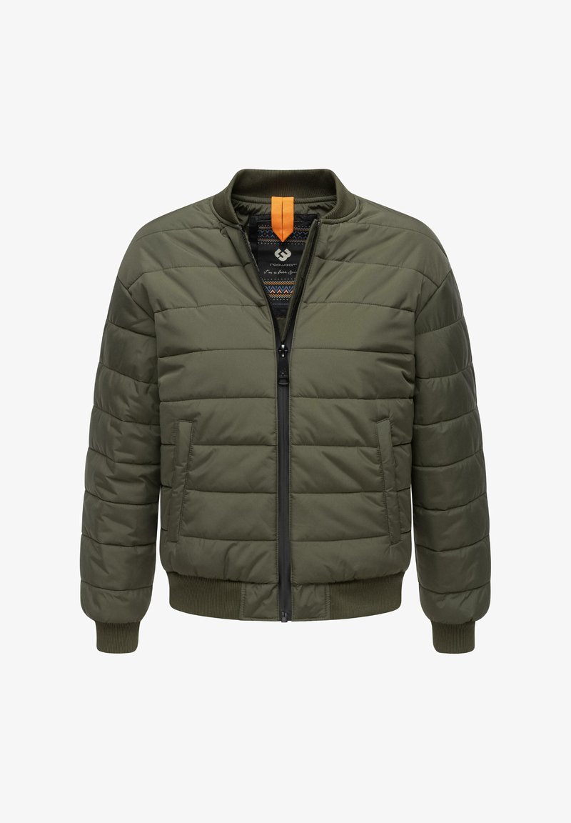 Olive roheline tikitud jope ribatud mansettide ja äärega, musta töösse ja oranži aktsendi sildiga krae kohal.